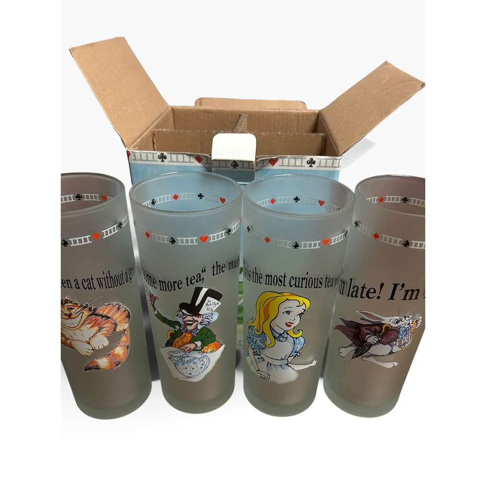 Vintage Alice in Wonderland Frosted Cooler Glasses Set of 4 16oz In Box Glasses